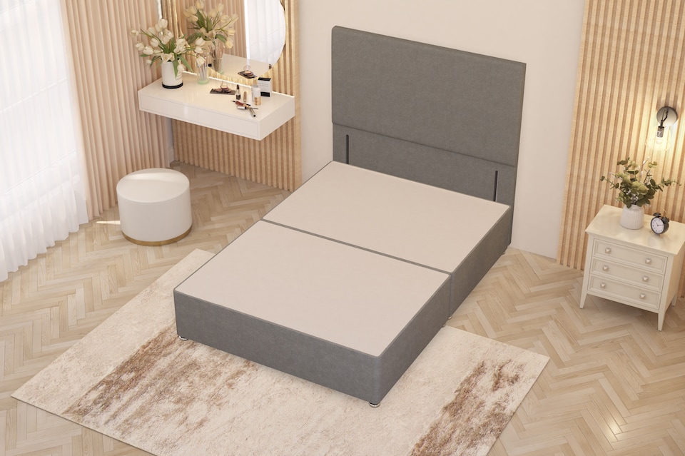 image 1 of Divan Bed Base with Plain Floor Standing Headboard Linen Fabric | Grey | Sage