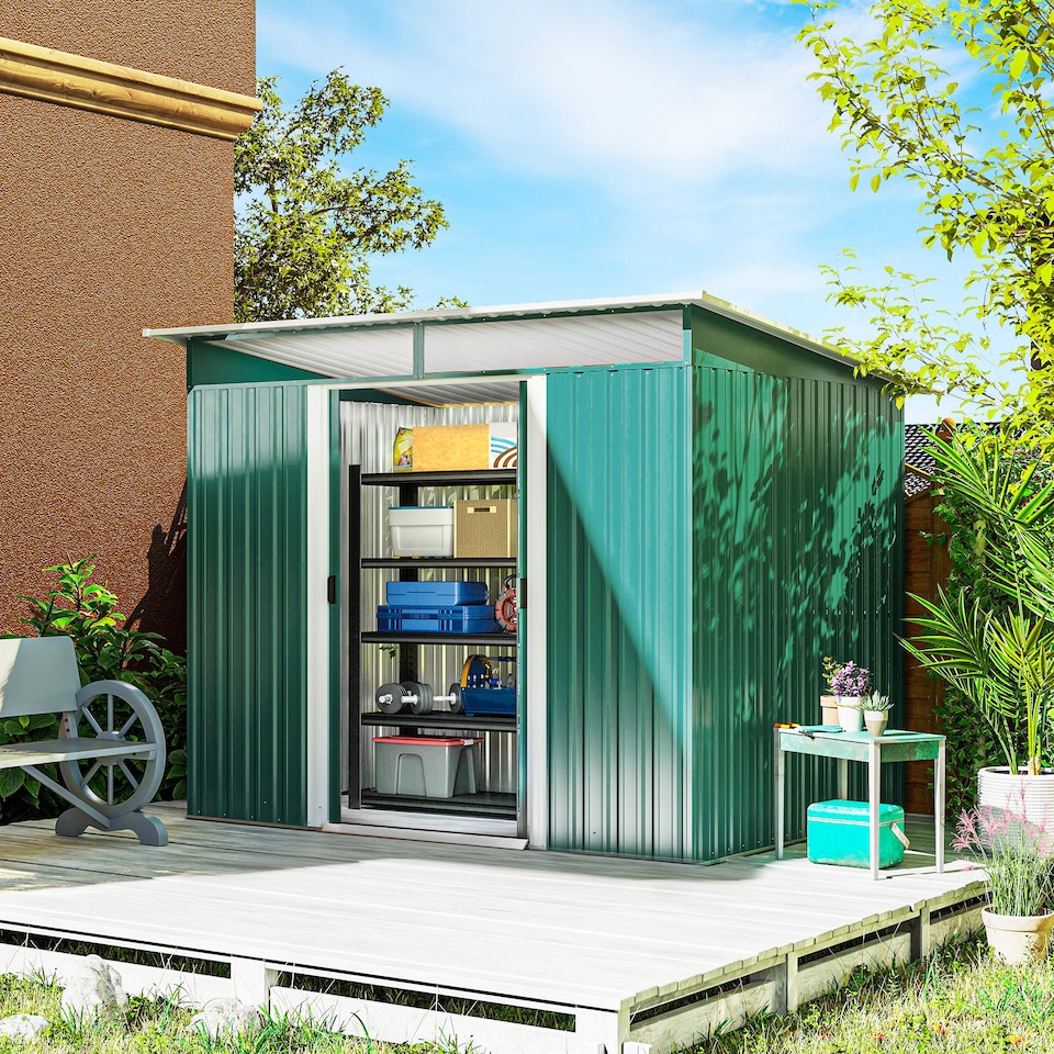 image 1 of Outsunny 8.5 x 6ft Metal Shed with Lightsky Panels, Garden Storage Tool House with Double Doors for Garden, Patio and Lawn, Green
