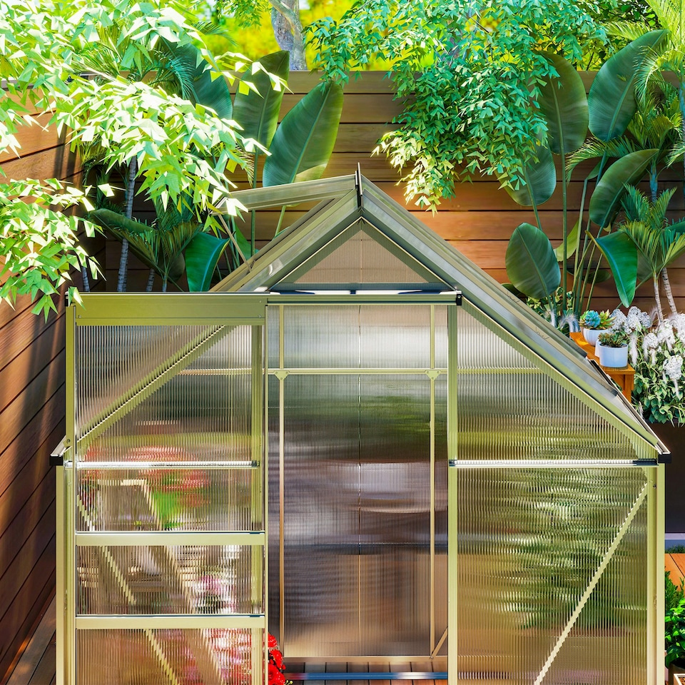 image 1 of Outsunny Polycarbonate Walk-in Garden Greenhouse w/ Sliding Door Silver Tone
