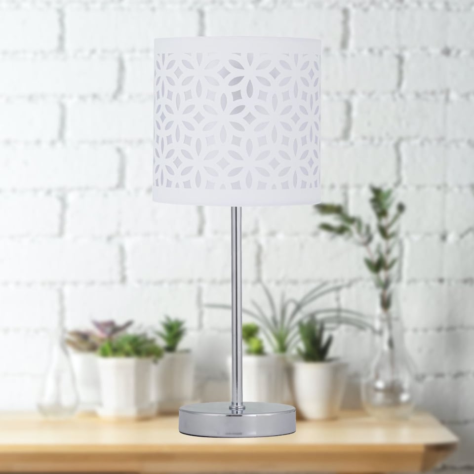 image 1 of Chrome Stick Table Lamp with White Laser Cut Shade | Chrome | White | Medium | 1