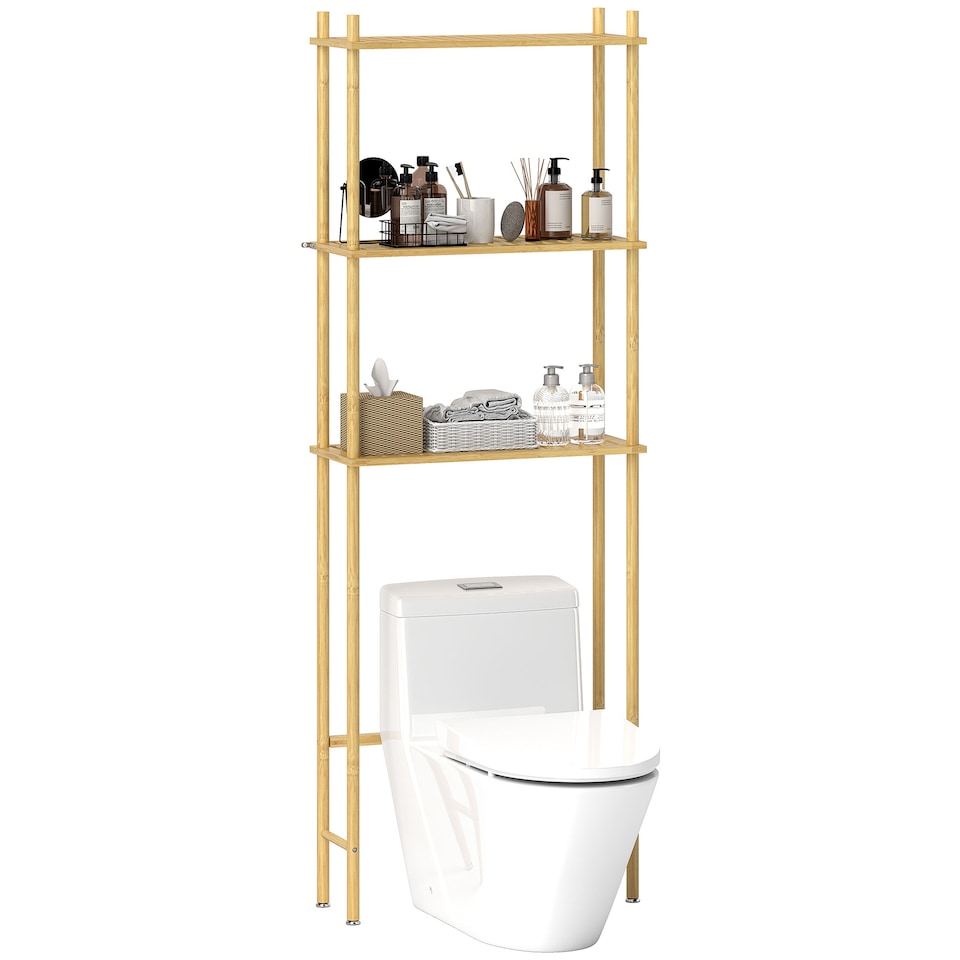 image 1 of HOMCOM Bamboo Over Toilet Storage Unit with 3 Slatted Shelves, 3-Tier Freestanding Bathroom Shelf, Bathroom Space Saver, Natural Wood Finish | Yellow