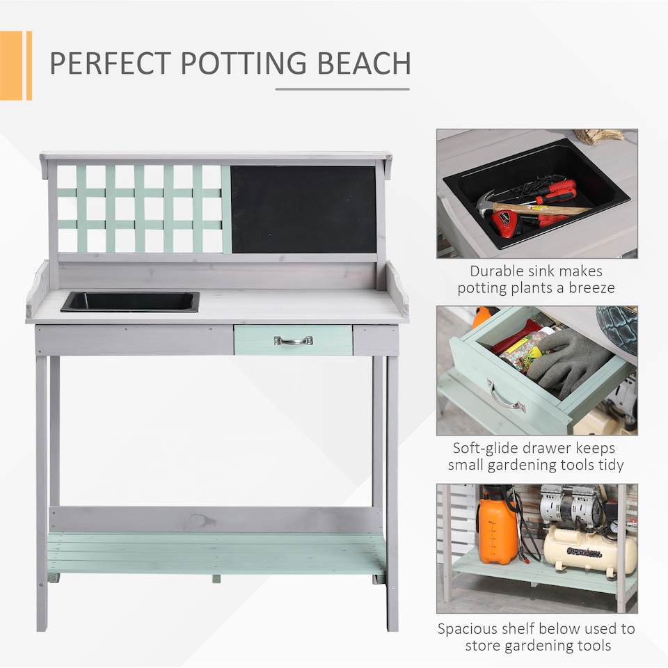 image 1 of HOMCOM Outdoor Potting Table Bench Workstation with Wood Planting Shelves | Grey | Dark Grey and Light Blue | Not provided