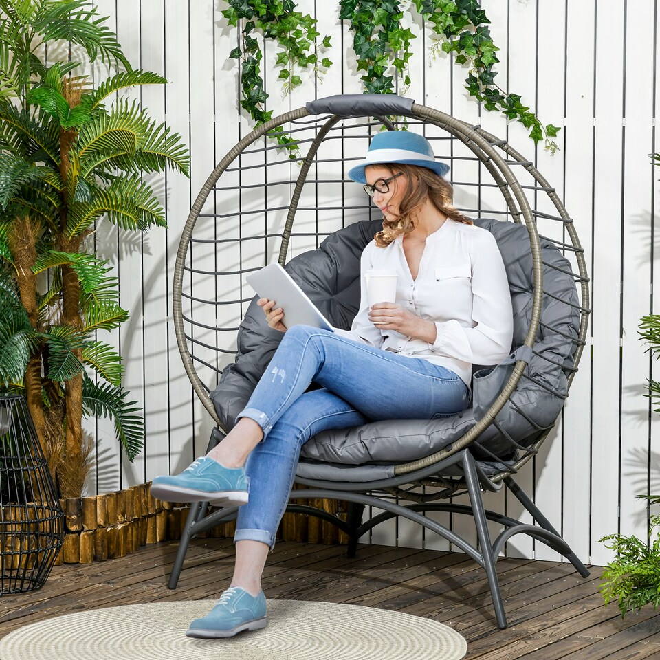 image 1 of Outsunny Folding Rattan Egg Chair, Freestanding Basket Chair with Cushion, Bottle Holder Bag for Outdoor or Indoor, Grey