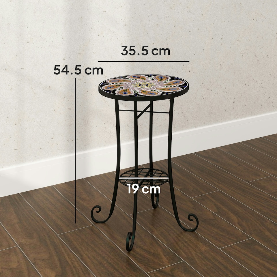 image 1 of Outsunny 35.5cm Round Mosaic Garden Side Table Plant Stand w/ Shelf Blue | Blue