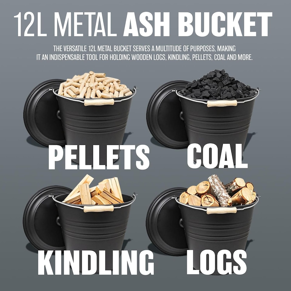 image 1 of 12 Litre Black Metal Ash Bucket Wooden Handle Fireplace Coal Storage