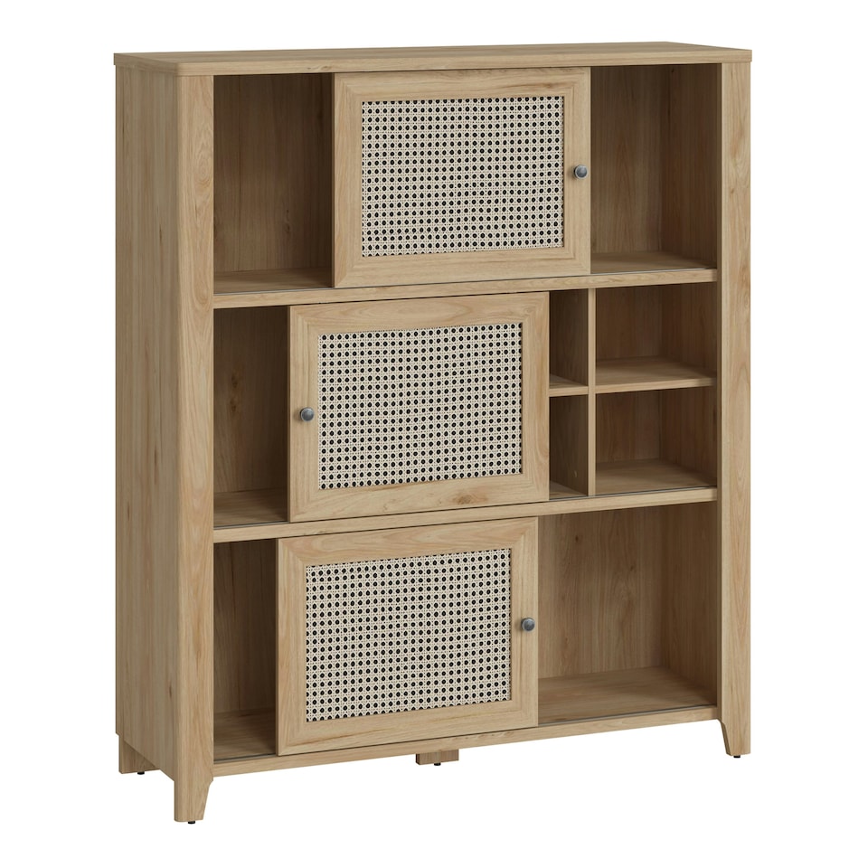 image 1 of Cestino 3 Sliding Door Cabinet in Jackson Hickory Oak and Rattan Effect