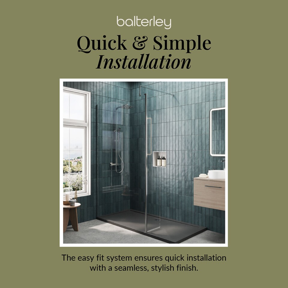 image 1 of Balterley Glass Walk In Wetroom Screen and Hinged Return Screen with Profile and Shower Tray | Silver | Chrome