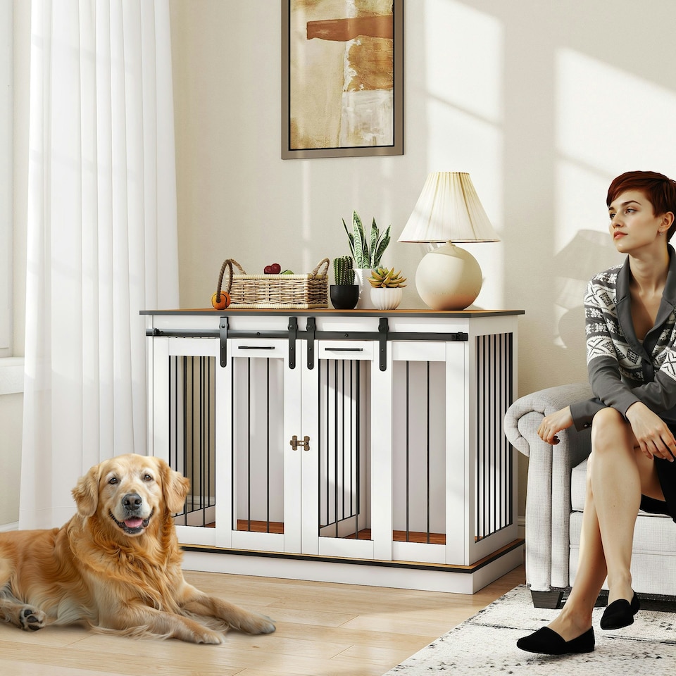 image 1 of PawHut Dog Crate Furniture for Large Dogs, Double Dog Cage for Small Dogs, White