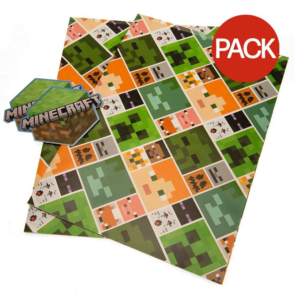 Minecraft Gift Wrap Sheets (Pack of 2) - Green/Orange/Grey - One Size