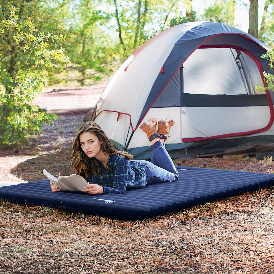image 1 of Outsunny Portable Inflatable Camping Bed with Double Mattress Navy Blue
