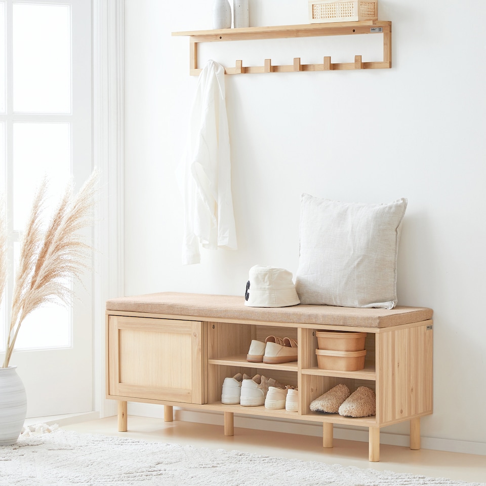 image 1 of SoBuy Wooden Shoe Storage Bench with Seat Cushion, Natural, 47.6x13.8x19.3 in, 20.6 kg - FSR163-N