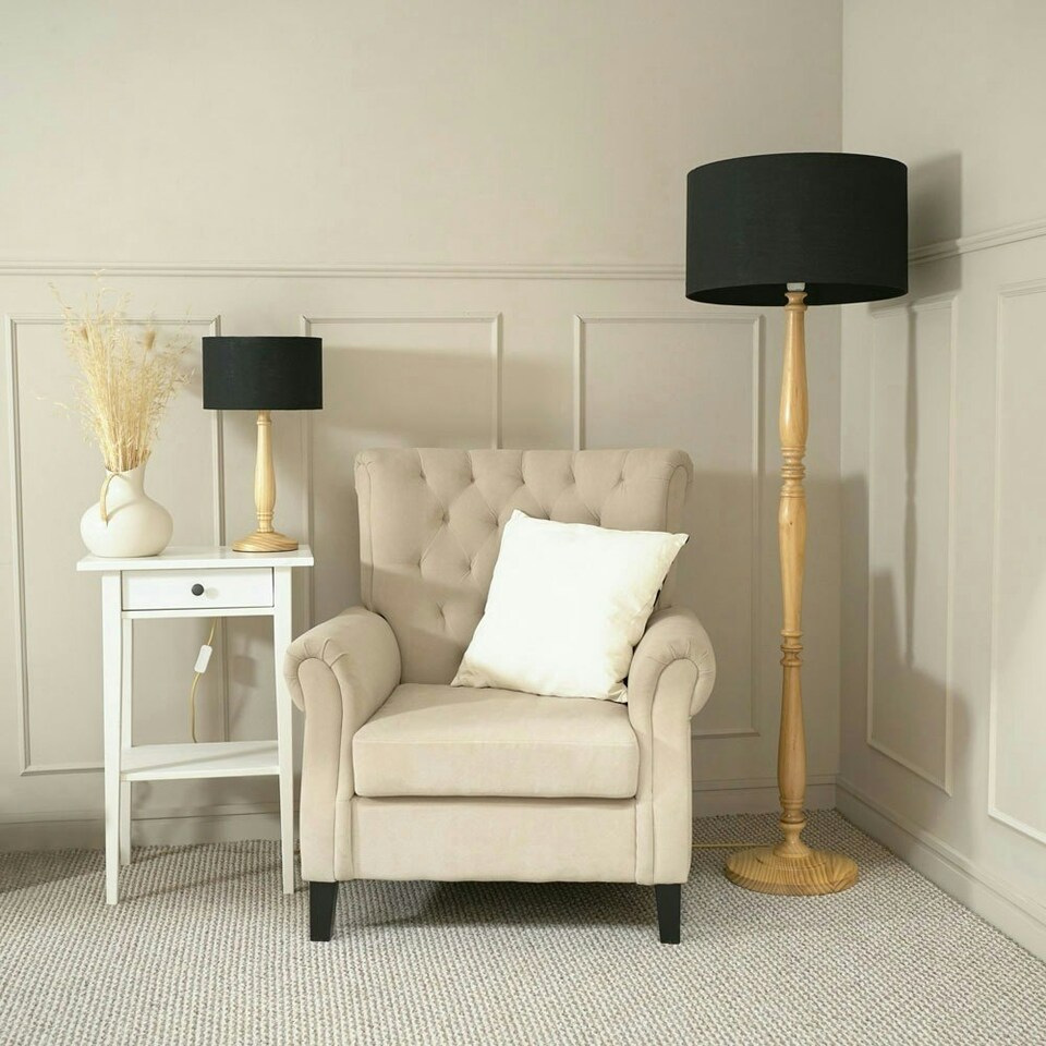 image 1 of ValueLights Victoria Light Wood Traditional Stem Floor Lamp with Black Fabric Drum Shade and LED Bulb