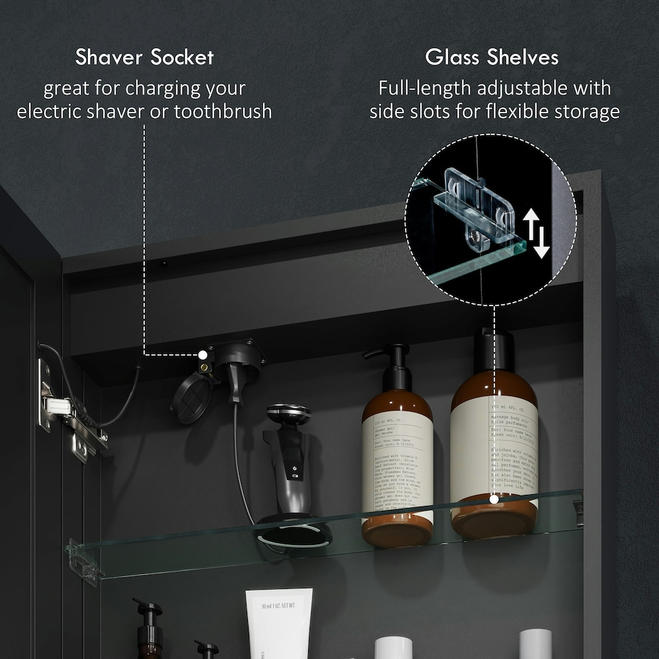 image 1 of HOMCOM Bathroom Cabinet with Mirror, LED Lights and Demister Pad, Black Black