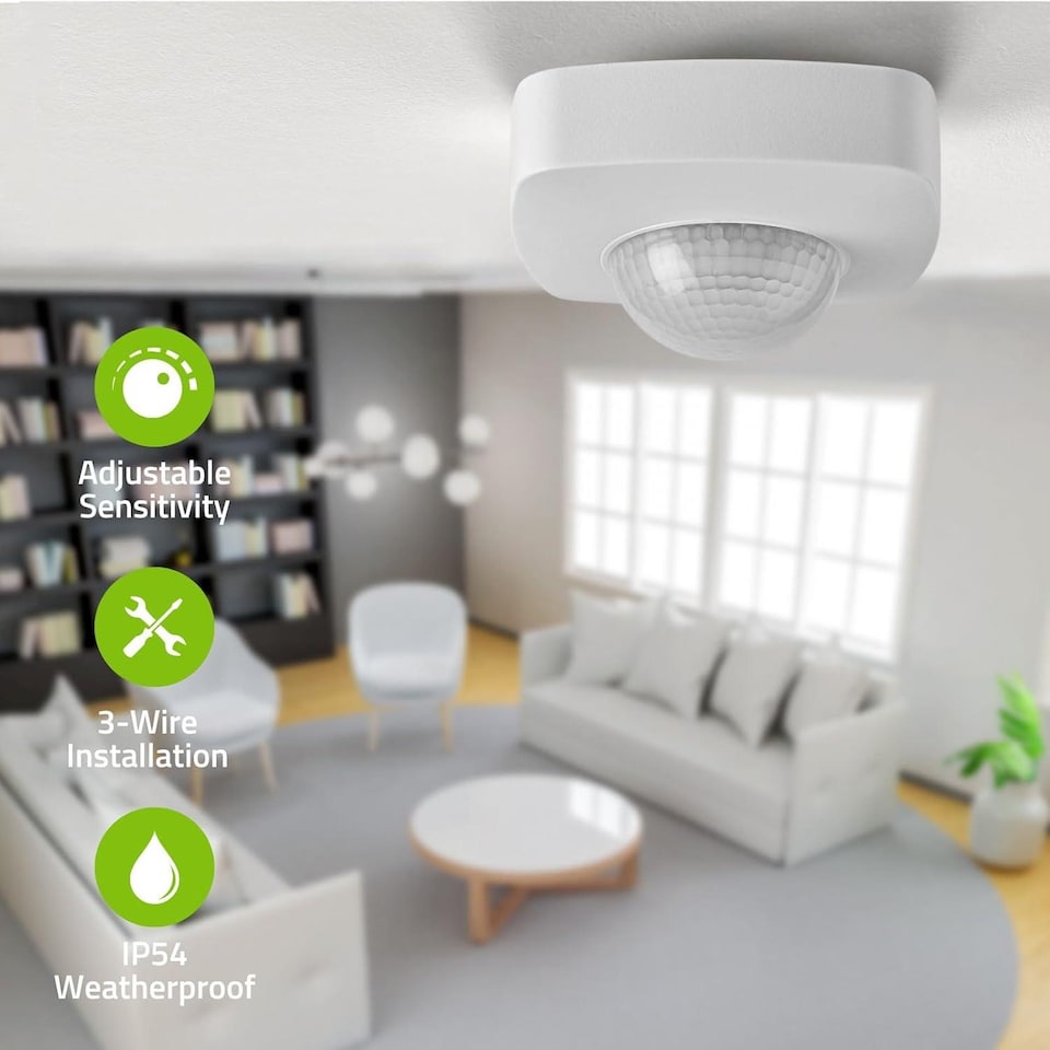 image 1 of Nedis PIR Occupancy Motion Sensor Detector Light Switch, Ceiling Mount, 360 Degree 6m Range, 3 Wire - White