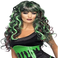 Monster Wig - Black & Green - Long Curly with Fringe - 21909