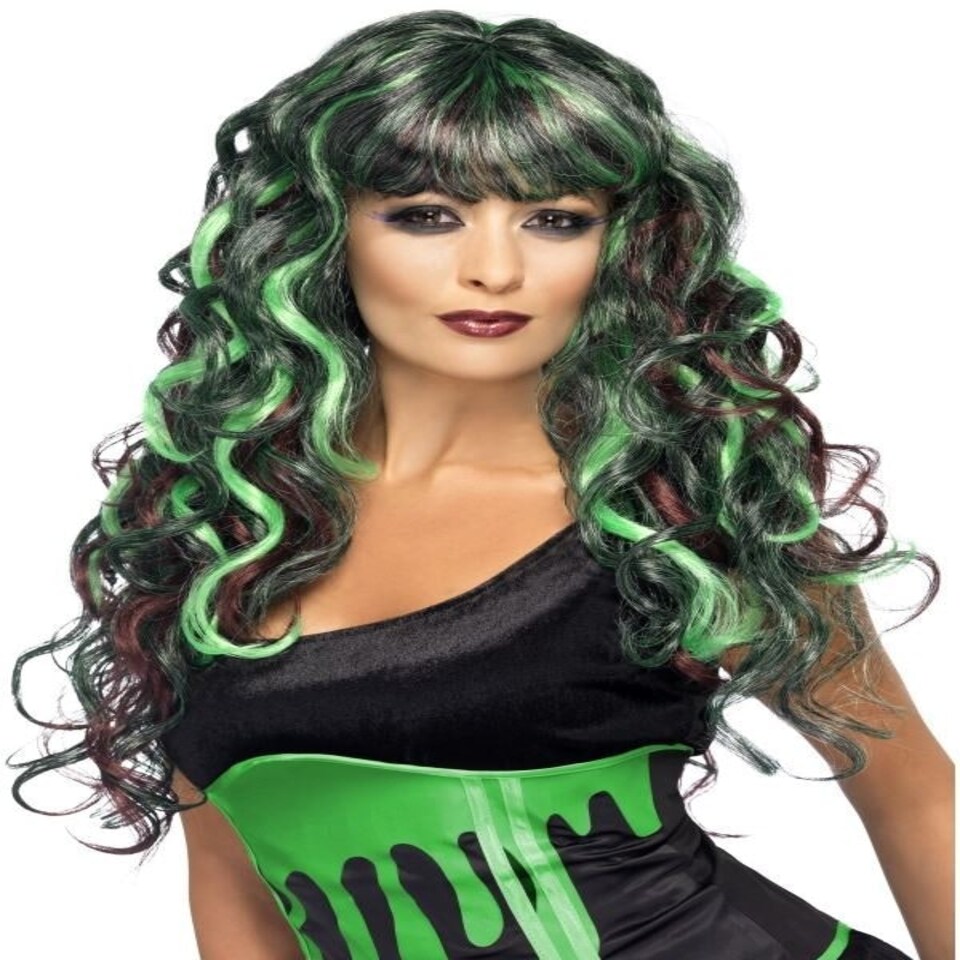 Monster Wig - Black & Green - Long Curly with Fringe - 21909