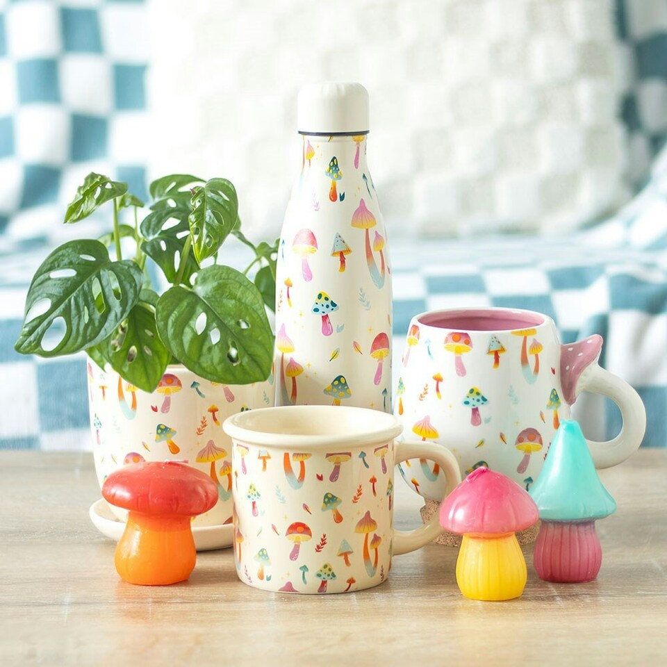 image 1 of Funky Fungi Print Mug with Mushroom Handle