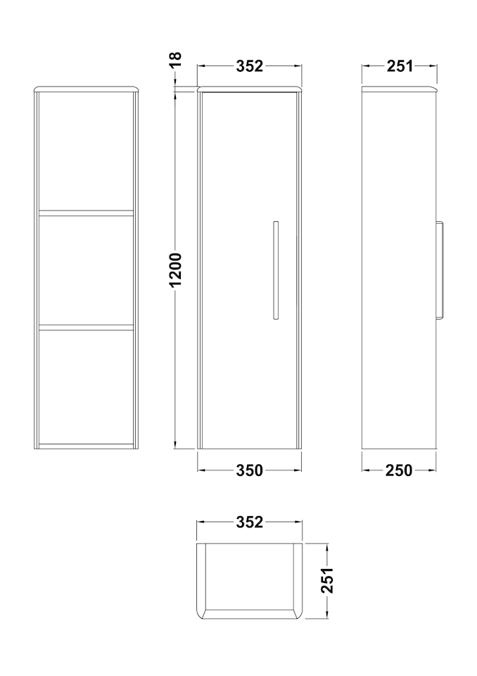 image 1 of Balterley Contemporary Bathroom Wall Hung Single Soft Close Door Tall Storage Unit with 2 Shelves, Cool Grey, 1200 x 350 x 250mm