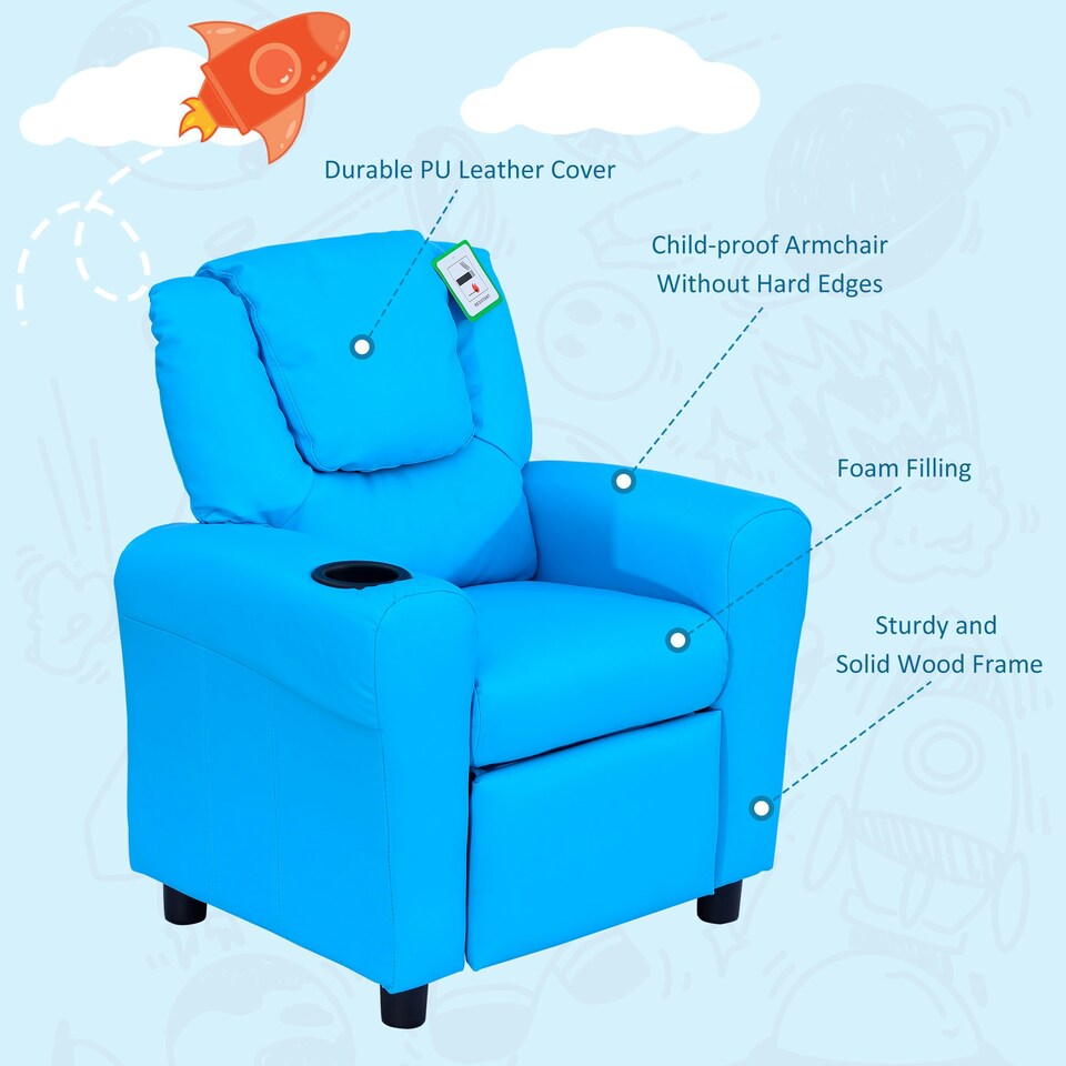 image 1 of HOMCOM Kids Recliner Chair w/ Cup Holder, PU Leather Children Lounger, Blue Blue