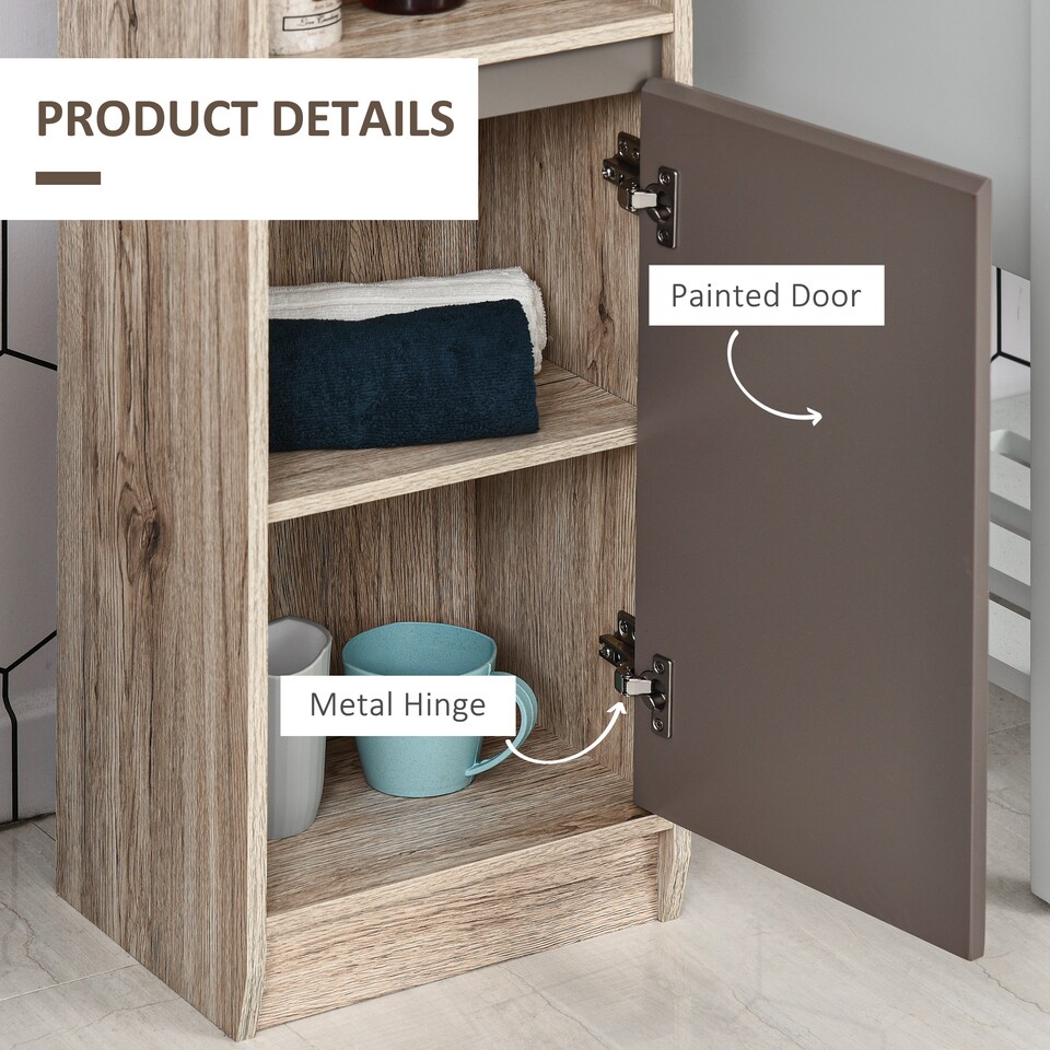 image 1 of HOMCOM Narrow Bathroom Cabinet, Slim Bathroom Storage Unit with Open Compartment, Freestanding Storage Cupboard with Adjustable Shelves for Small Spaces, 30 x 24 x 170 cm, Grey and Oak