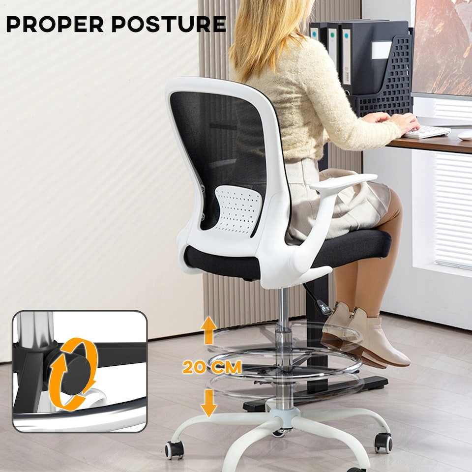image 1 of HOMCOM Mesh Draughtsman Chair, Ergonomic Drafting Chair, Black White Black