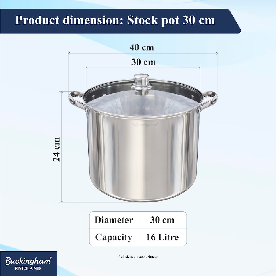 image 1 of Buckingham Deep Stock Pot Stainless Steel with Glass Lid 30 cm , 16.5 Litre
