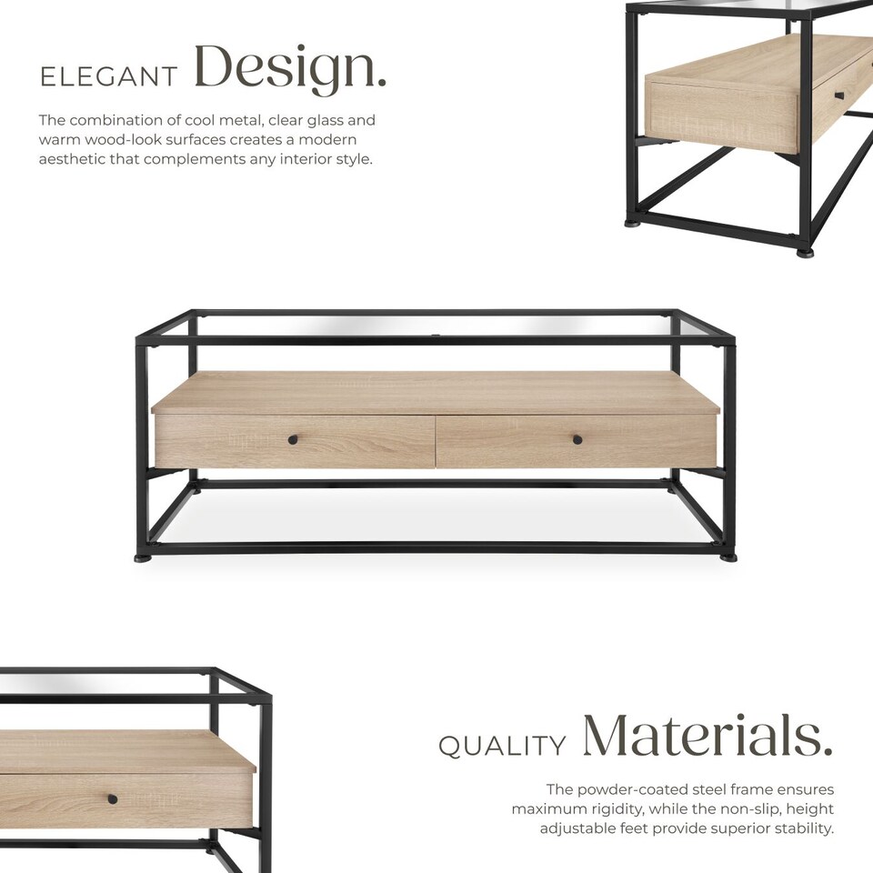 image 1 of Sideboard Maidenhead - tabletop made of safety glass, 2 large drawers | Brown | industrial wood light, oak Sonoma | 121,50 x 41,50 x 50,50 cm | 1