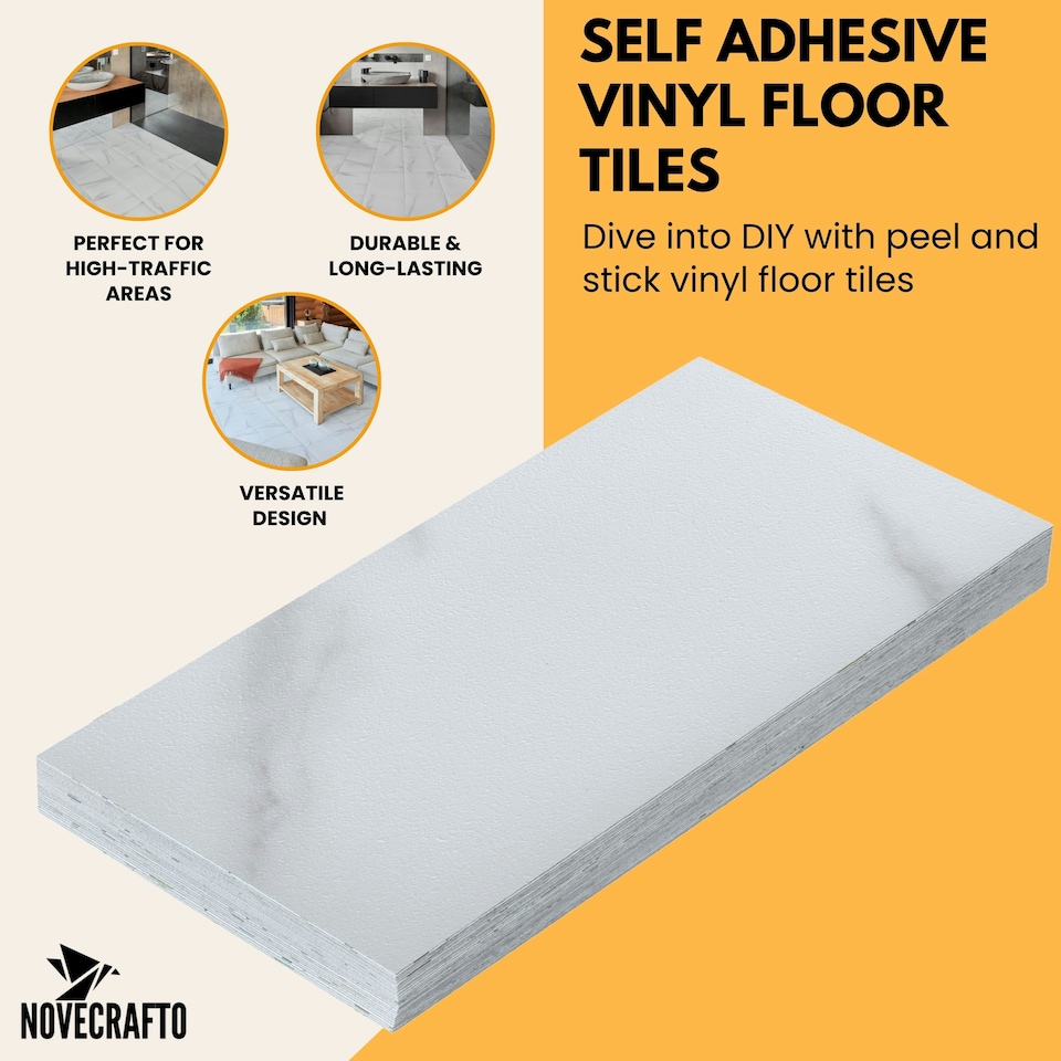 image 1 of NOVECRAFTO Vinyl Floor Tiles Self Adhesive – 12x24in Peel and Stick Waterproof Rectangular Flooring for Kitchen & Bathroom – White Marble Effect Design White | 5.57 sqm