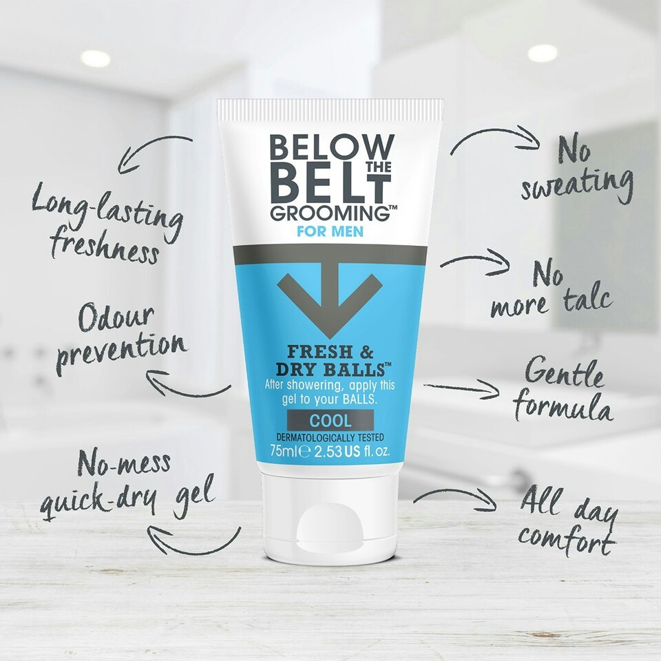 image 1 of Below The Belt Grooming Fresh & Dry Ball Cool Ball, Intimate Deodorant For Men, Protects against Sweat, Odour and Chafing, Cool Mint Fragrance 2 x 75ml