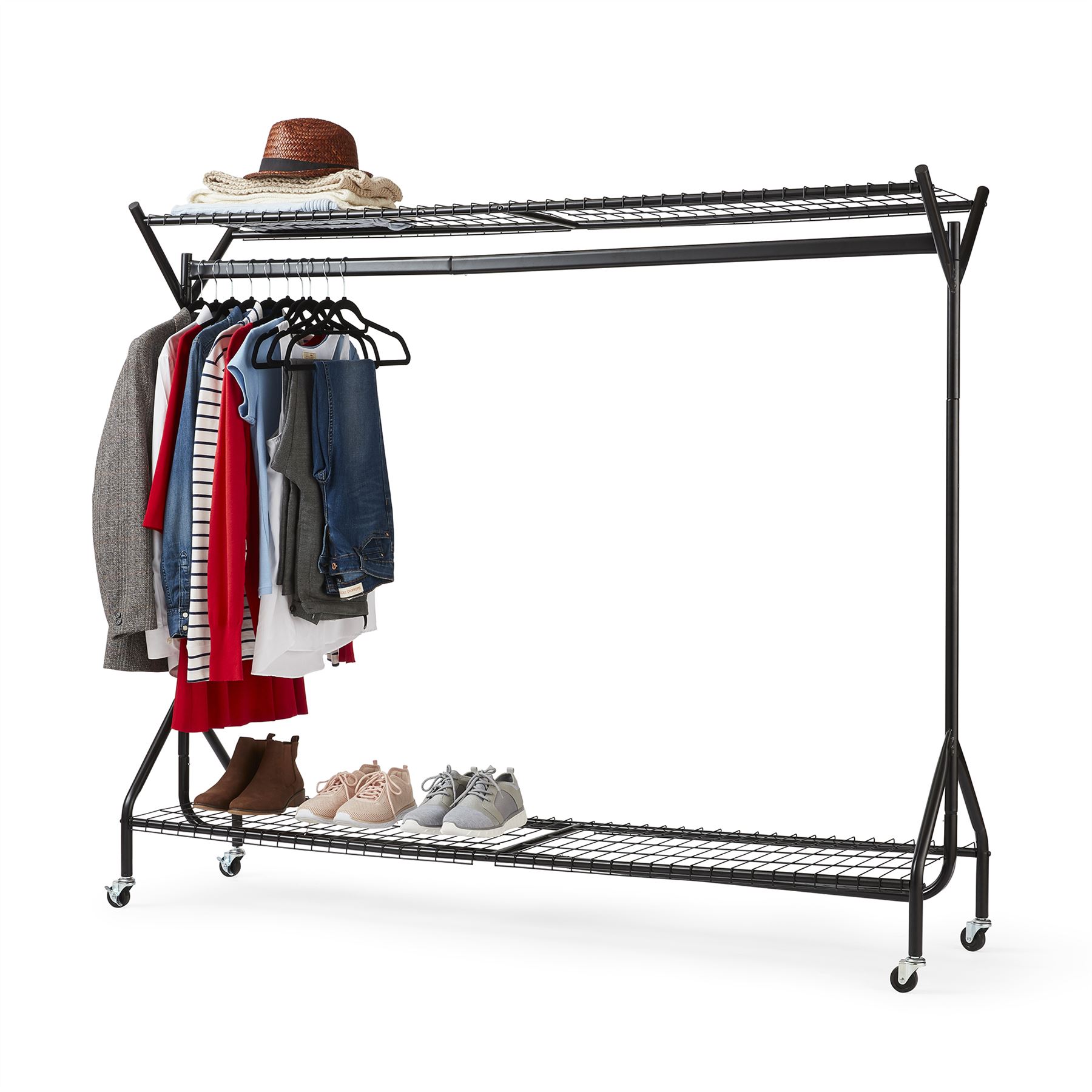 House of Home Clothing Rail Heavy Duty Hanging Clothes Shoe Hat Rack Shelves With Wheels 6ft x 5ft | Black