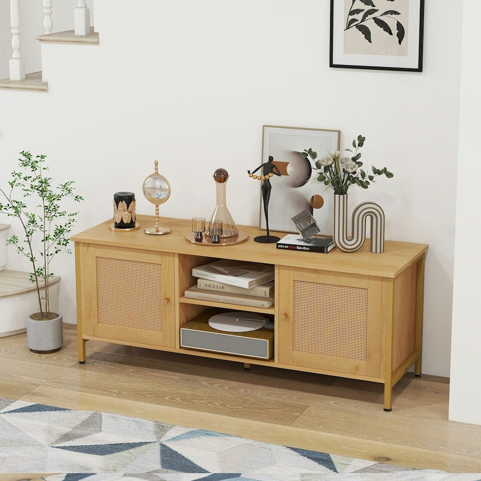 image 1 of COSTWAY Boho TV Stand for 55 Inches Entertainment Center Natural Gold