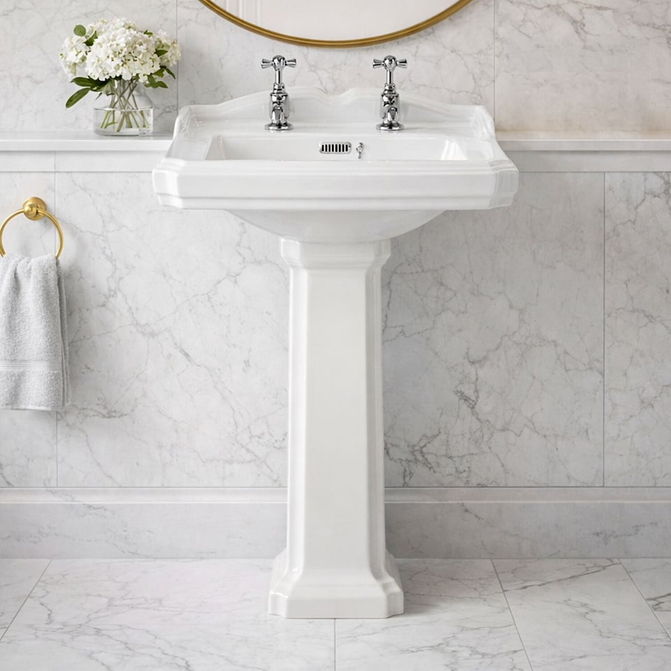 image 1 of Balterley Traditional Bathroom Two Tap Hole Basin with Full Pedestal | White | White