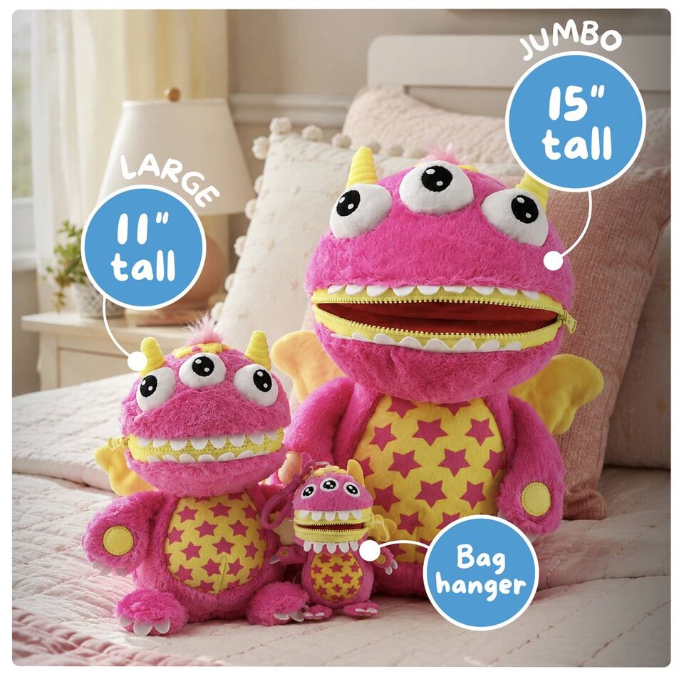 image 1 of Kids Worry Yummy Monster Cuddly Plush Toy Gift Set of 3 - Jumbo, Large and Clip-On Sizes Included