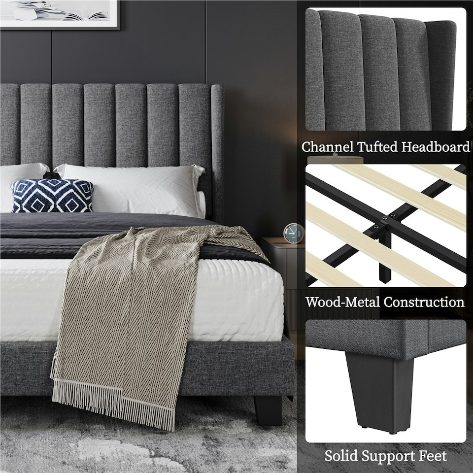 image 1 of Yaheetech 150 cm W × 200 cm L  Upholstered Bed Frame with Wing Side Dark Grey
