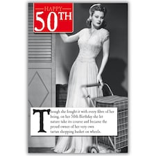 On The Ceiling, 50th Birthday Card For Her, Funny Shopping Basked on Wheels, Greetings Card, Black & White, 159x235mm