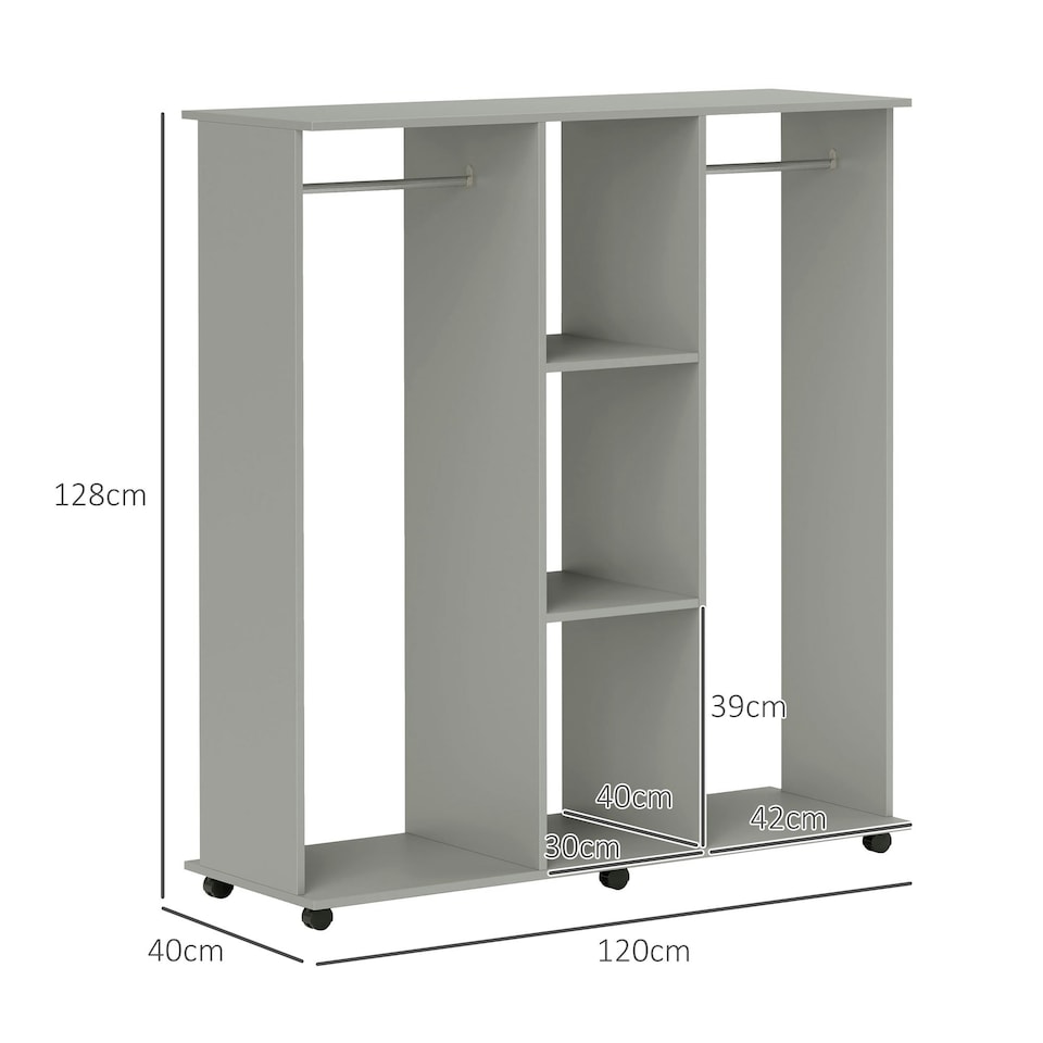 image 1 of HOMCOM Mobile Double Open Wardrobe w/ Clothes Hanging Rail Grey