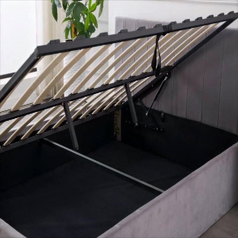 image 1 of Ottoman Storage Bed grey 3ft single and 1 mattress line pattern fabric velvet bedroom furniture