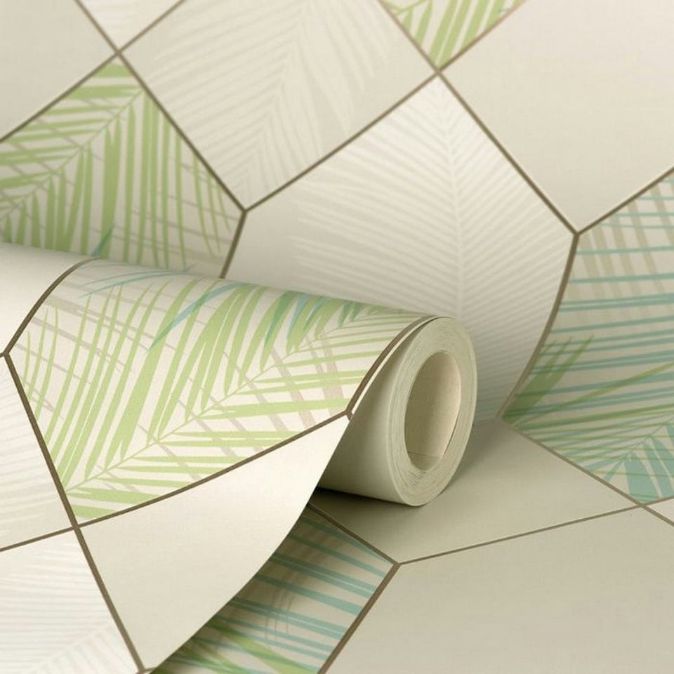 image 1 of Fine Decor Miami Geometric Leaf Wallpaper - Natural/Green - One Size Cream