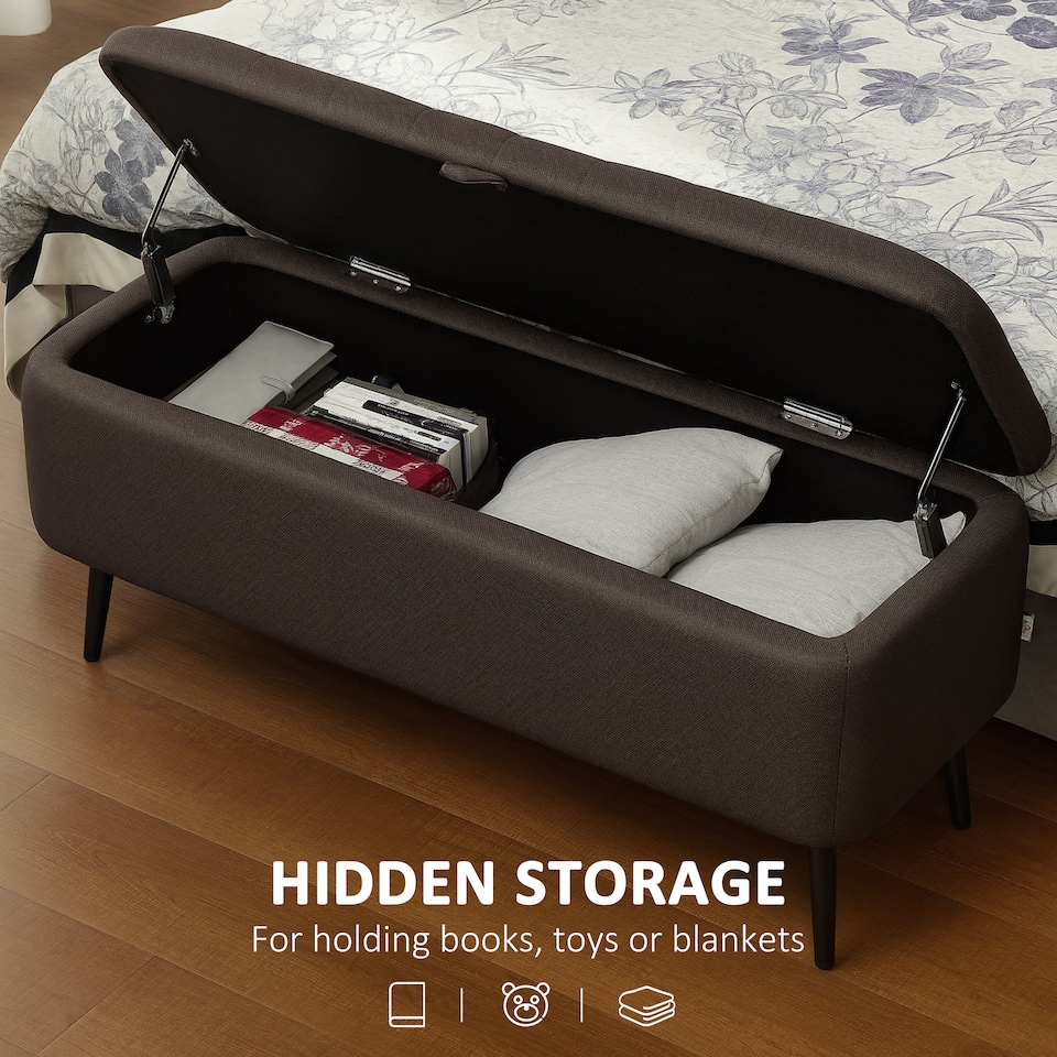 image 1 of HOMCOM Storage Ottoman Bench, Linen Fabric Footstool with Steel Legs Brown