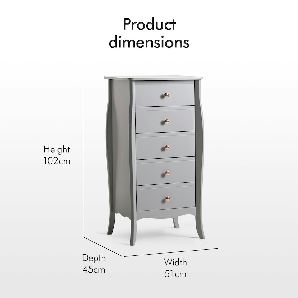 image 1 of BTFY Grey Tall Chest of 5 Drawers with Baroque Design