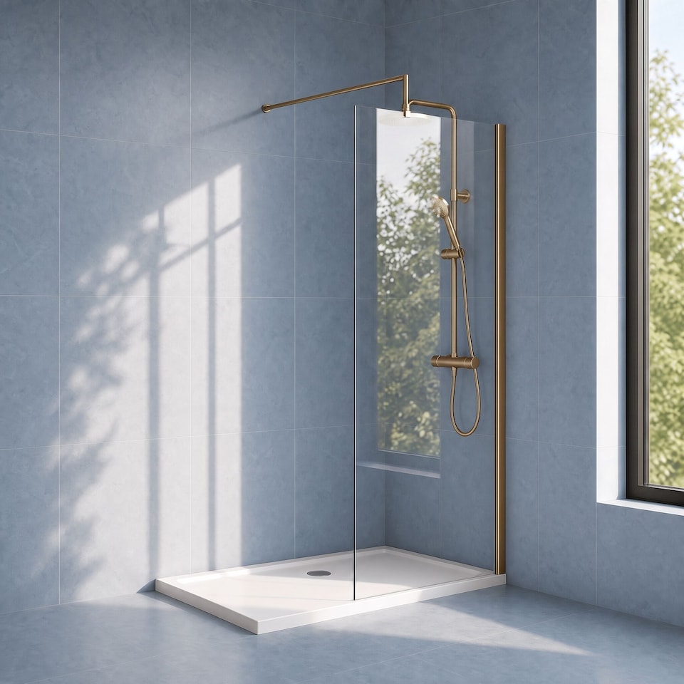 image 1 of Balterley Blymhill Contemporary Bathroom 8mm Glass Profile Wetroom Screen with Support Bar, Brushed Brass, 1950 x 700 x 14mm