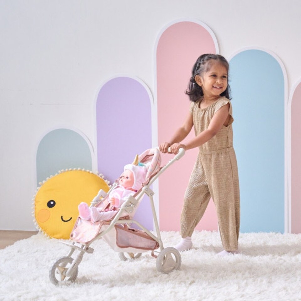 image 1 of Teamson Kids Jogging Doll Stroller in Beige with Confetti Pattern, Adjustable Canopy, Soft Grip, Harness & Storage Basket