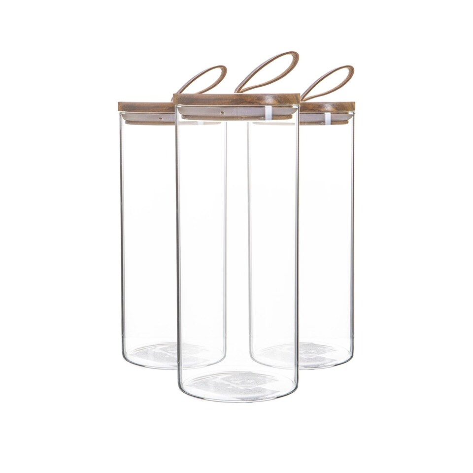 image 1 of Argon Tableware Glass Storage Jars - Leather Loop Lid - 1.5 Litre - Modern Round Scandi Organisation Container Glass Jar Set of 3