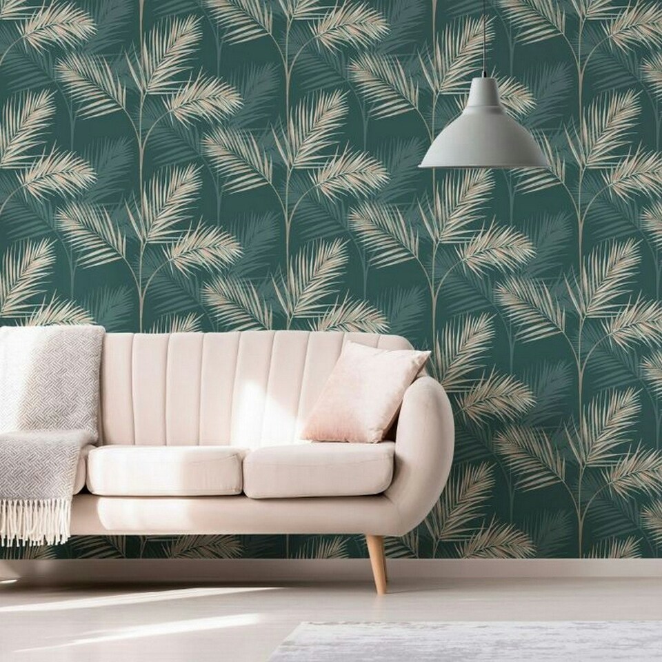 image 1 of Fine Decor South Beach Palm Leaf Wallpaper - Emerald Green - One Size Green