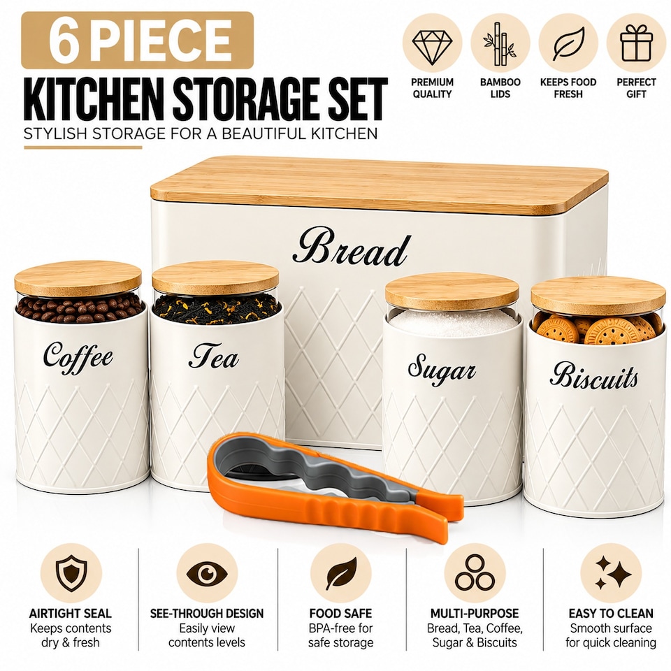 image 1 of 6Pcs Kitchen Storage Canister Jars with Can Opener Airtight Bamboo Lid Tea Coffee Sugar Bread Tins Set