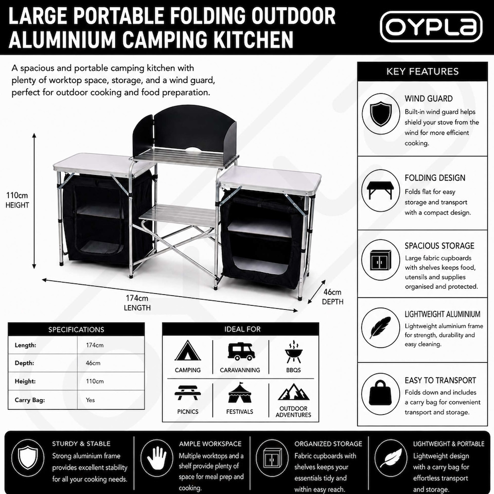 image 1 of Large Portable Folding Outdoor Aluminium Camping Travel Kitchen Work Top | Black