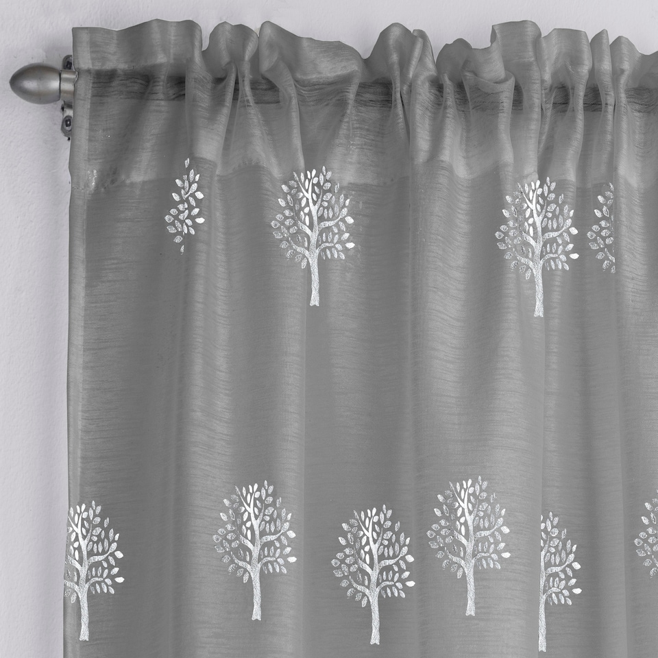 image 1 of Pair of Birch Grey Metallic Tree Print Voile Panels 229 cm (90 inch) Rod Pocket Panels for Bedroom and Living Room