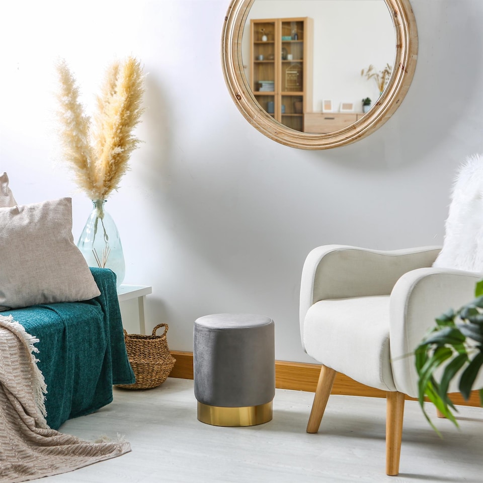 image 1 of Harbour Housewares Velvet Pouffe - Round Luxe Living Room Bedroom Dressing Table Accent Footstool - 29 x 36cm - Grey | Grey | Grey | Pack of 1 | 1