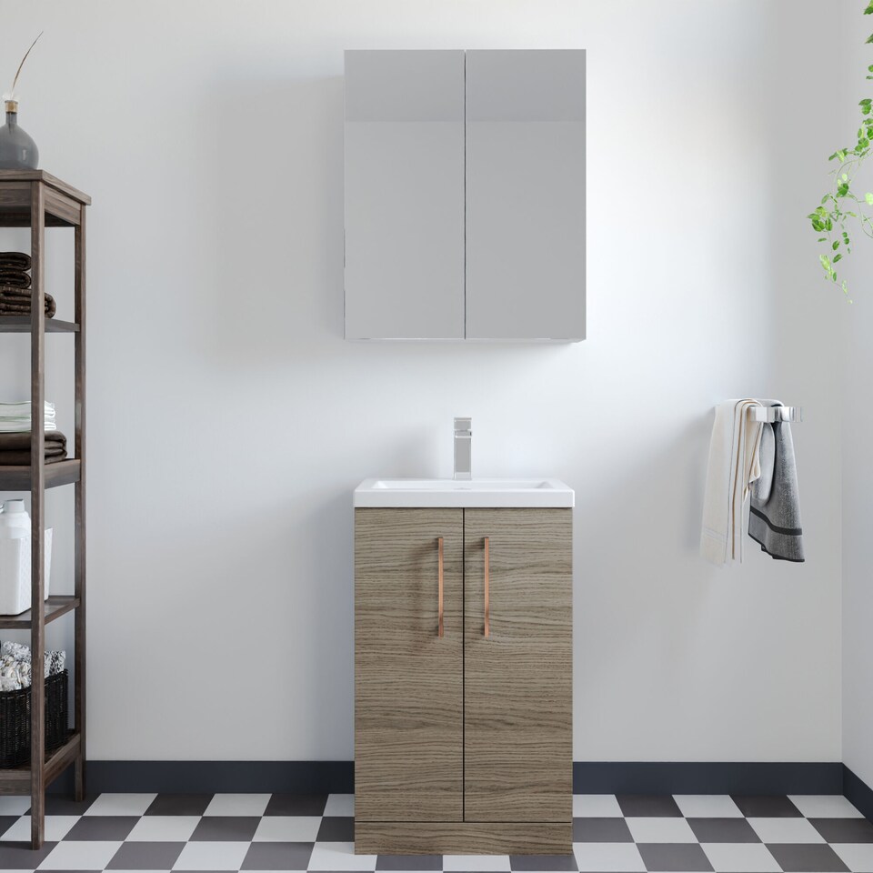 image 1 of Balterley Level Compact Bathroom Cloakroom Vanity Basin Unit with Polymarble Basin, Handles, Mid Oak | Brown | Grey Vicenza Oak | 840 x 503 x 353mm