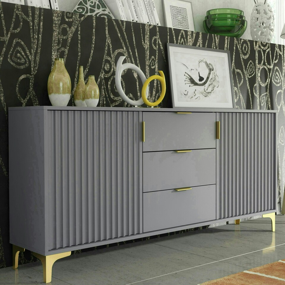 image 1 of Bold sideboard 140cm grey ribbed fronts gold accents Grey